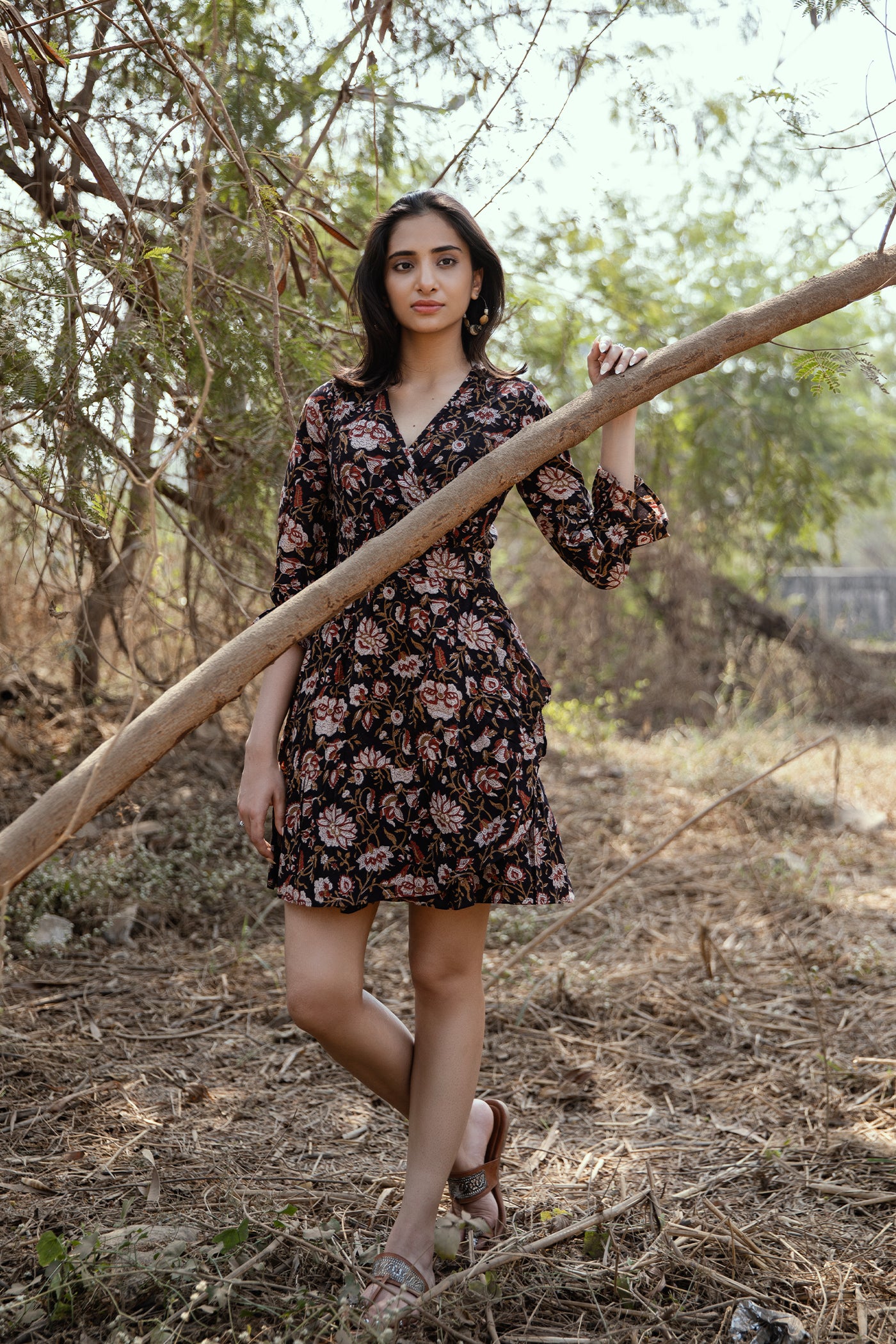 Bagru Dress Hand Block Printed Cotton Wrap Dress Black